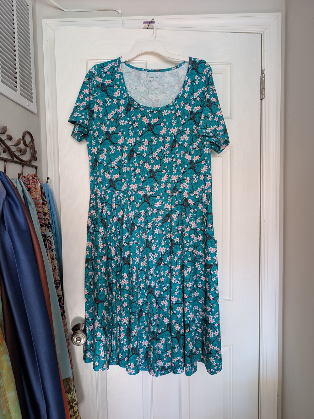 Svaha Floral Scoop Neck With Crows Teal Women's Dress
